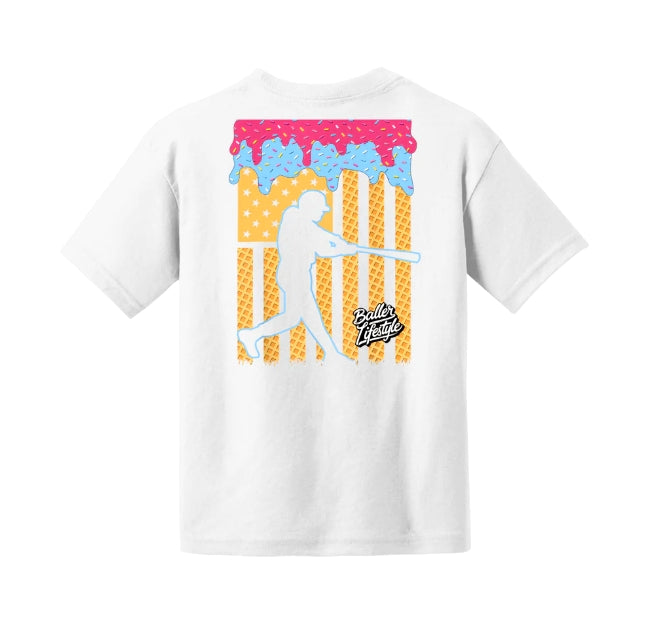 Baseball Ice Cream Drip American Flag Youth Tee