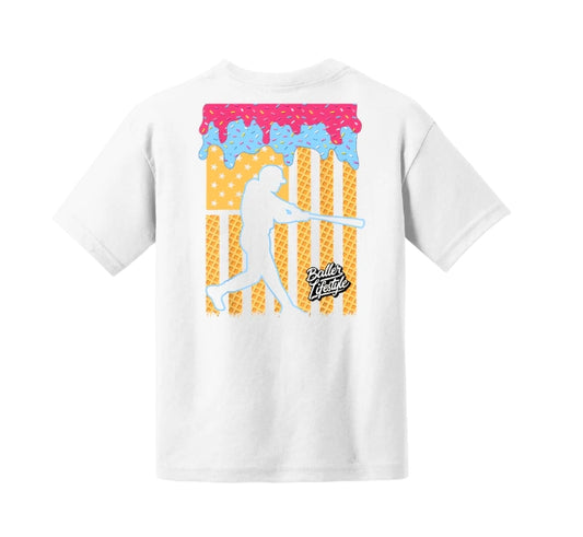 Baseball Ice Cream Drip American Flag Youth Tee