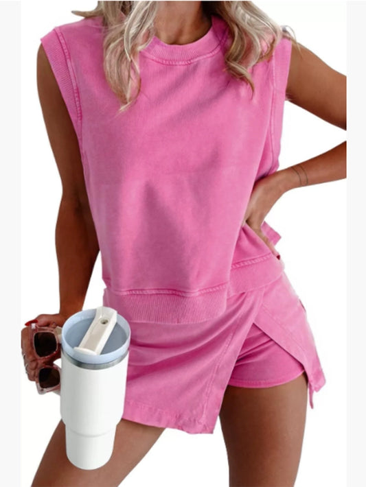 Sleeveless Top and Short Skirt Two-Piece Set - Pink