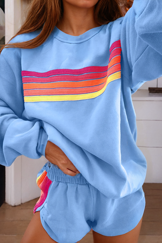 Color Contrast Trim Long Sleeve Top and Shorts Set - Blue