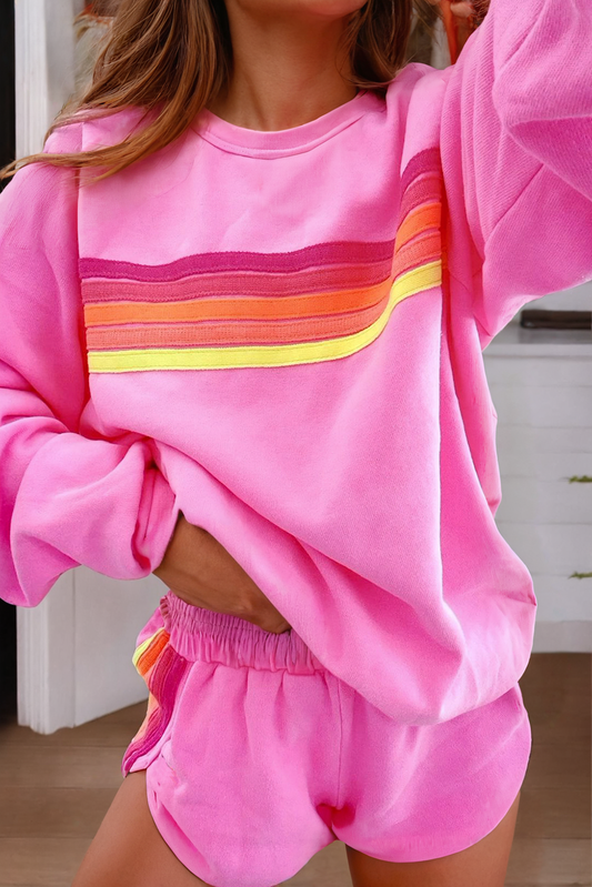 Color Contrast Trim Long Sleeve Top and Shorts Set - Pink